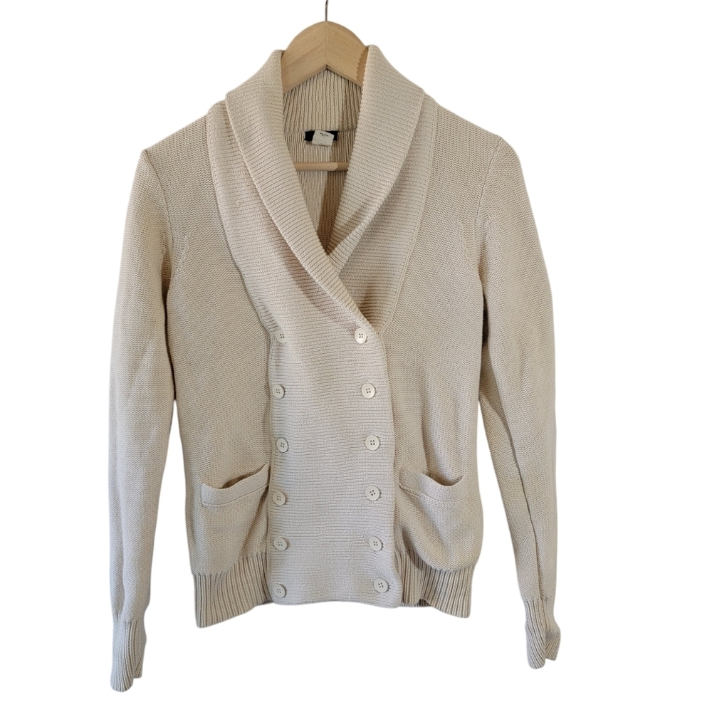 J. Crew Women Ivory Double Breasted Sweater Jacket Sz S Pocket Shawl Neck Cotton